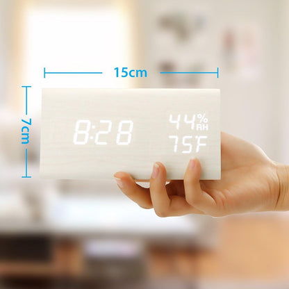 OCT17 Wooden Alarm Clock, Smart LED Digital Clock for Bedroom/desks, Upgraded with Time Temperature, Adjustable Brightness and Voice Control, Humidity Displaying - Black