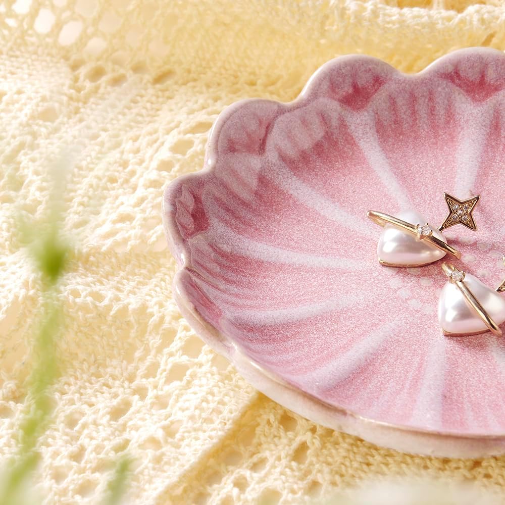 Ring Dish, Kiln Glaze Jewelry Trinket Tray, Gifts for Women I Lotus Leaf Necklace Earrings Holder on Nightstand Bathroom, Ceramic Cute Key Bowl, White. All Jewelries Are NOT Included.
