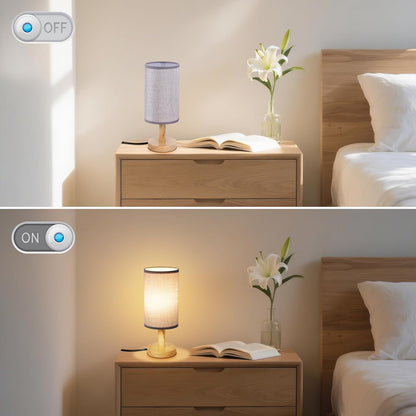 Small Bedside Table Lamp for Bedroom,Natural Round Wood Base&Fabric Linen Shade,Cozy Night Table Light for Study Reading,Minimalist Boho Desk Lamp for Nightstand,Living Room,Nursery,Kitchen,Dorm