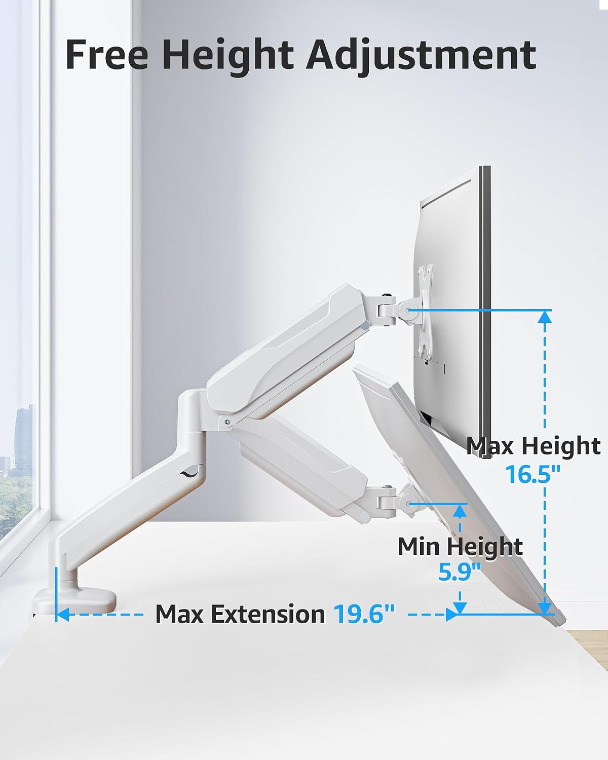 Dual Monitor Stand fits up to 32 inch, 4.4-19.8 lbs Computer Screens, Dual Monitor Desk Mount Height Adjustable, Monitor Arms for 2 Monitors, Home Office VESA Mounts, Freelift White