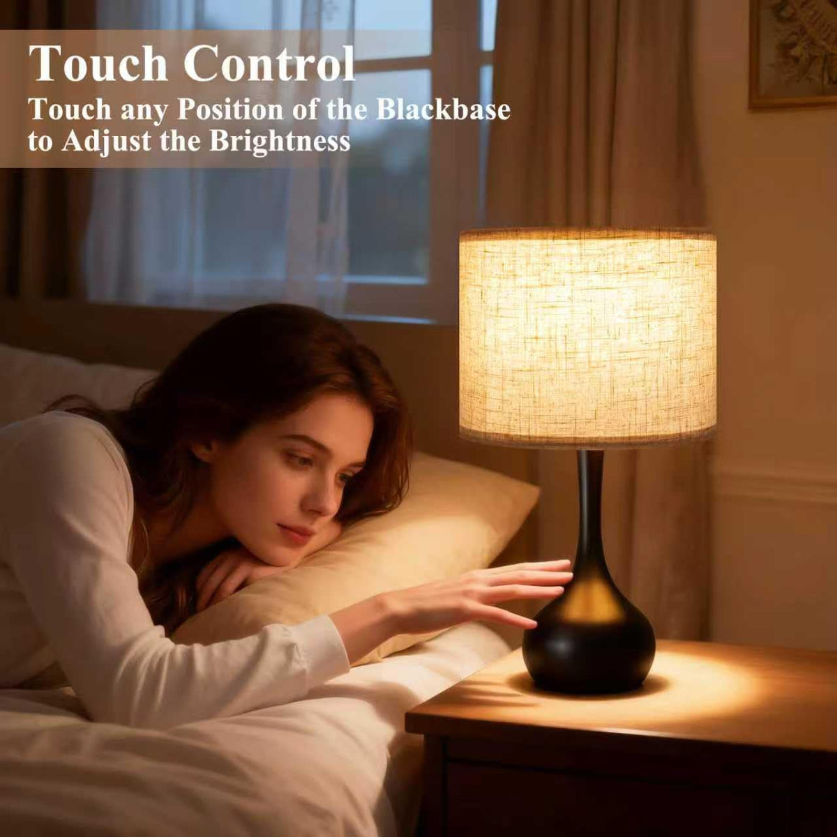 ONEWISH Touch Bedside Lamp for Bedroom, 3-Way Dimmable Farmhouse Table Lamps for Nightstand with Fabric Shade, Desk Lamp for Kids Reading, Home Office