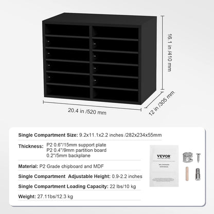 VEVOR Literature Organizers, 12 Compartments Office Mailbox with Adjustable Shelves, Wood Literature Sorter 20.4x12x16.1 inches for Office, Home, Classroom, Mailrooms Organization, EPA Certified White