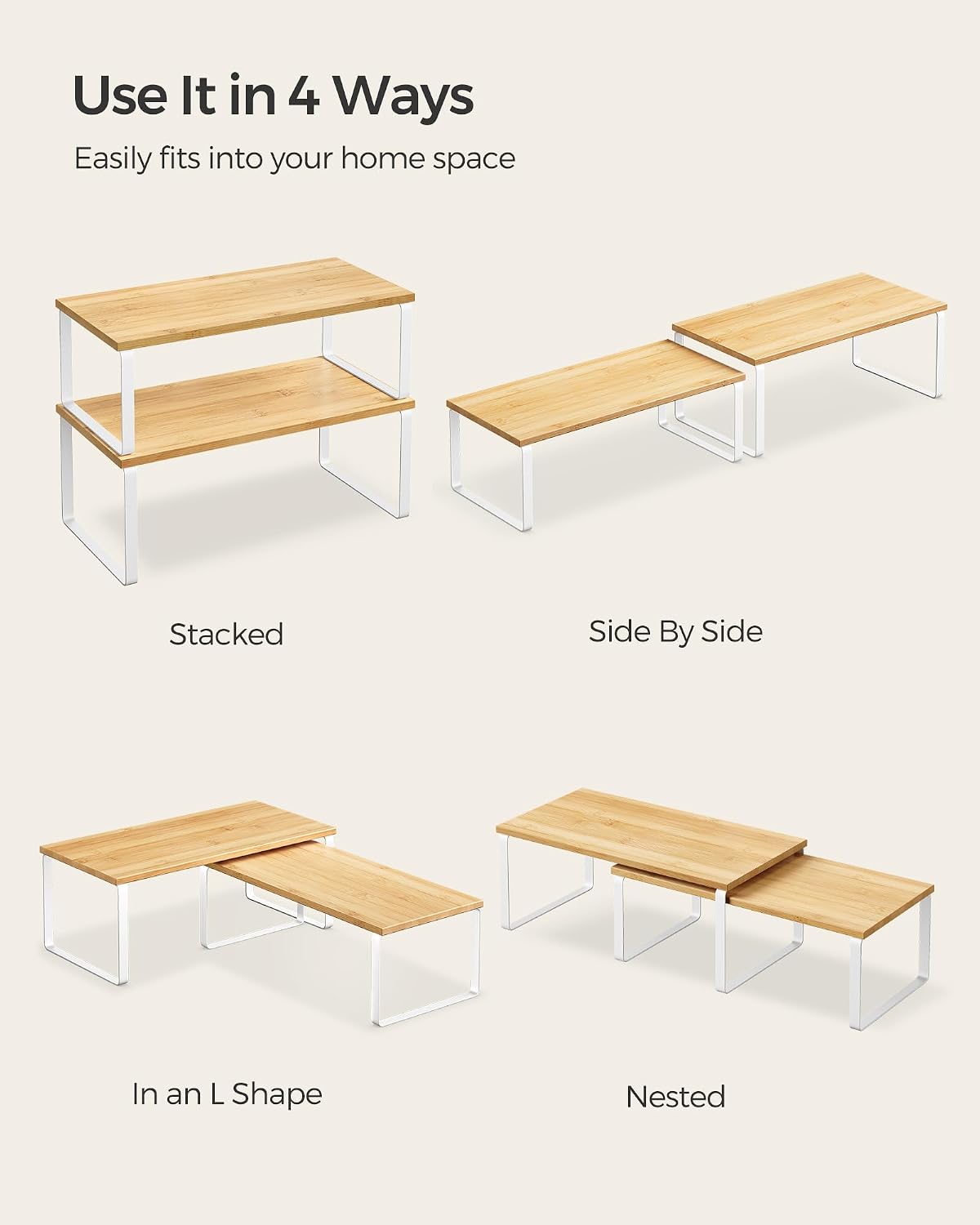 SONGMICS Cabinet Organizer Shelf, Set of 4 Kitchen Counter Shelves, Kitchen Storage, Spice Rack, Stackable, Expandable, Metal and Engineered Wood, Cloud White and Natural Beige UKCS010N01