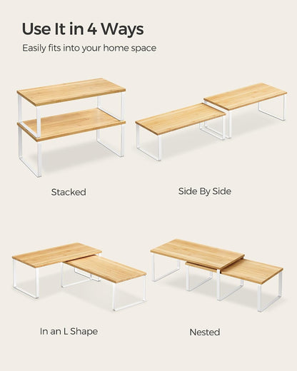 SONGMICS Cabinet Organizer Shelf, Set of 4 Kitchen Counter Shelves, Kitchen Storage, Spice Rack, Stackable, Expandable, Metal and Engineered Wood, Cloud White and Natural Beige UKCS010N01