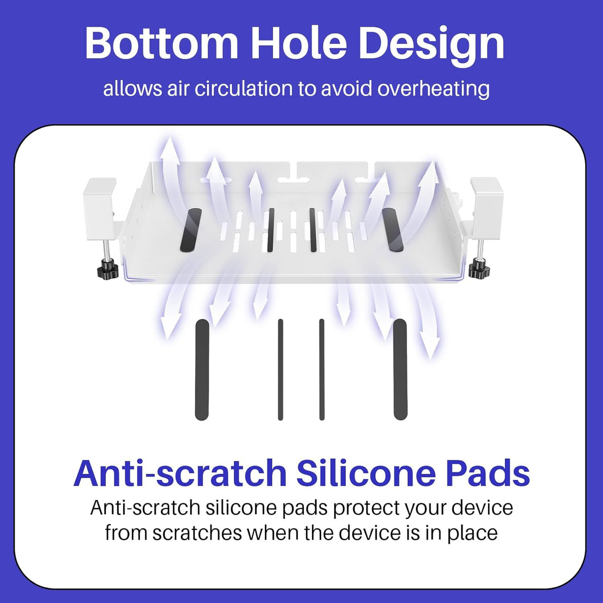 No Drill Under Desk Laptop Mount, Metal Under Desk Storage Shelf with Cable Management, Laptop Storage Tray for MacBook, Keyboard, Mac Mini, Anti-Scratch Silicone, Fits Office, Gaming, Workstations