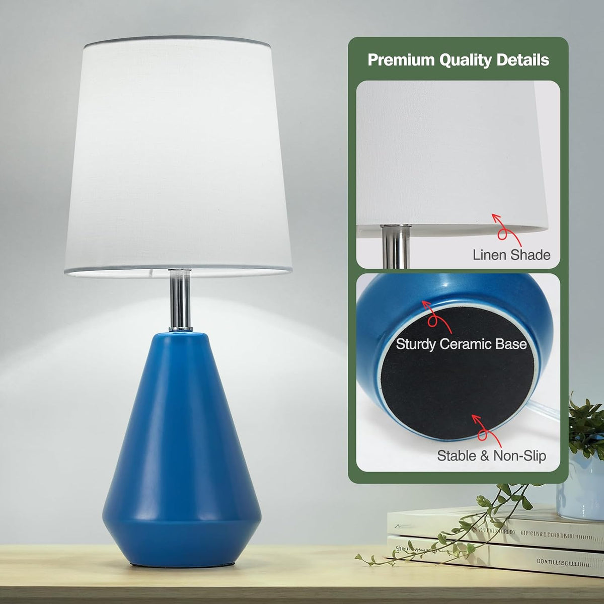 Small Bedside Table Lamp for Bedroom - Reading Desk Lamp with 3 Color Temperatures，15.5" Nightstand Ceramic Lamp with Fabric Shade for Kids Room,Living Room,Dorm,Home Office (Green)