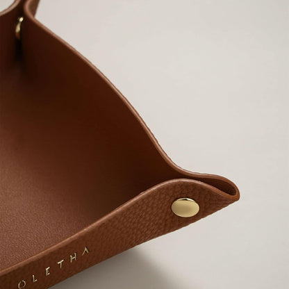 OLETHA Small Foldable Valet Tray, Travel Essentials for Women, Portable Catchall Organizer for Jewelry & Keys, for Hotel Nightstands, Home Office & Desk, Aesthetic Faux Leather, Light Taupe