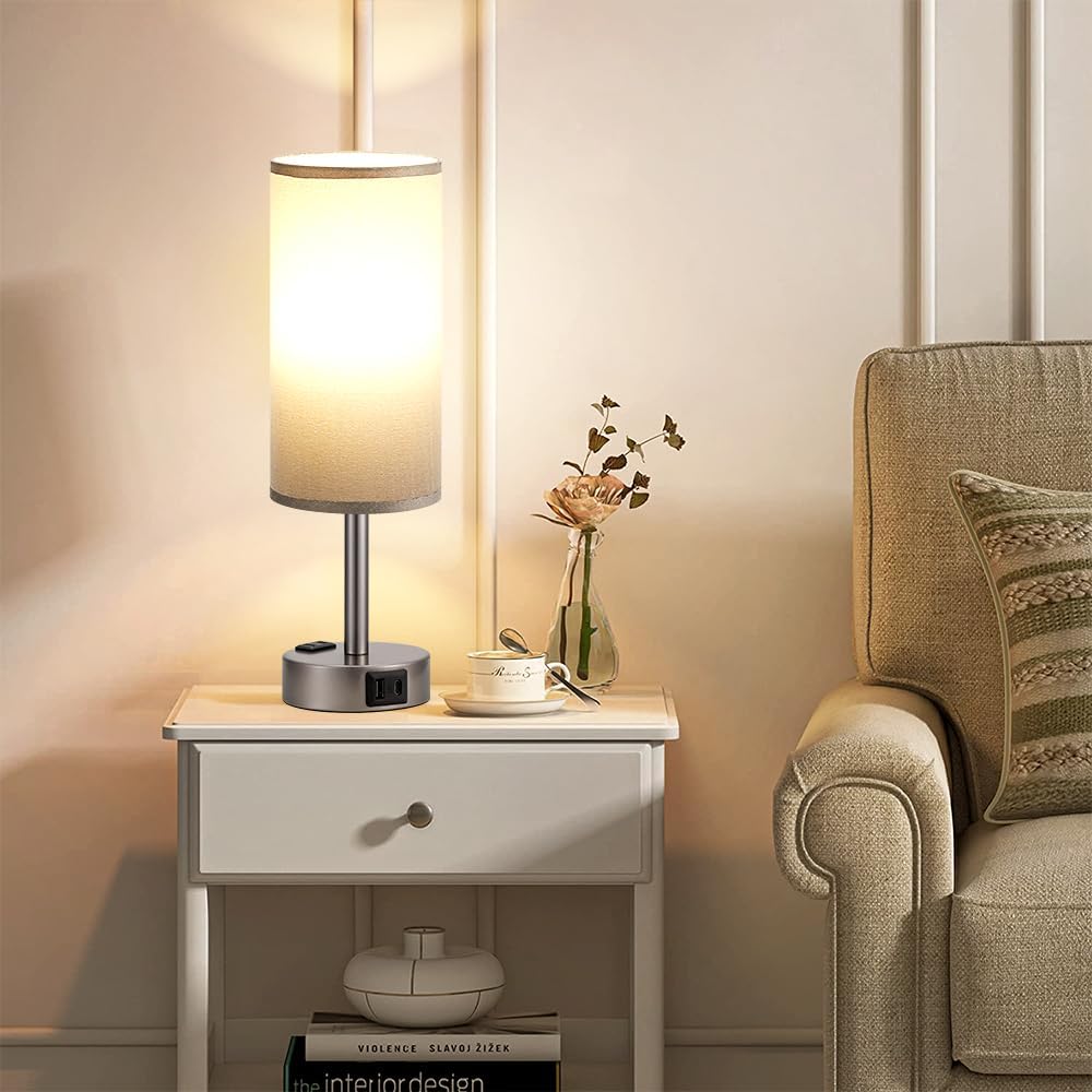 Fenmzee Bedside Table Lamp for Bedroom - Dimmable Touch, USB A+C, AC Outlet