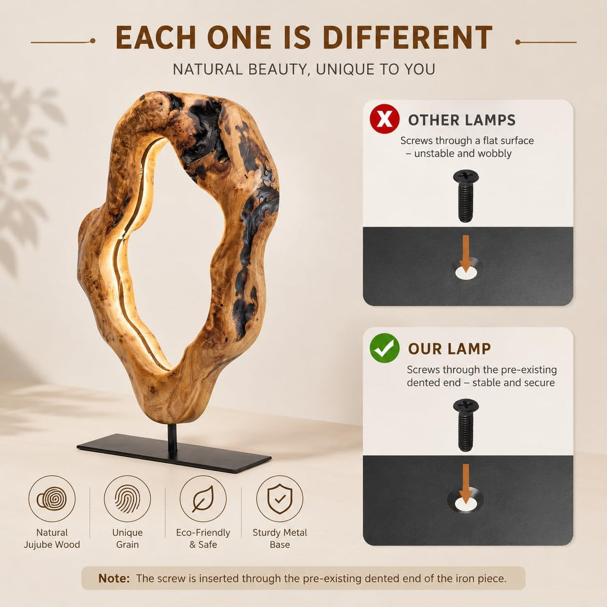 LAPTAIN LED Wood Table Lamp, Irregular Bedside Lamp with Dimmable, Creative Home Decor Table Lamp, Bedside Night Light for Bedroom, Living Room, Large
