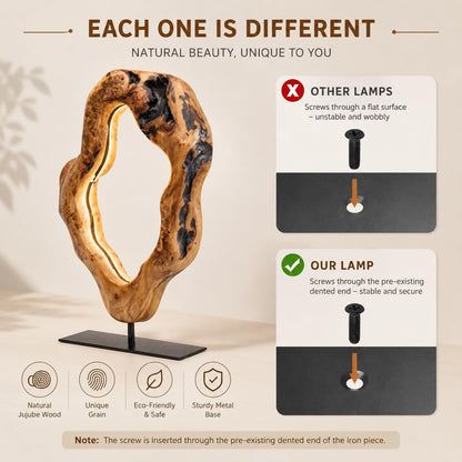 LAPTAIN LED Wood Table Lamp, Irregular Bedside Lamp with Dimmable, Creative Home Decor Table Lamp, Bedside Night Light for Bedroom, Living Room, Large