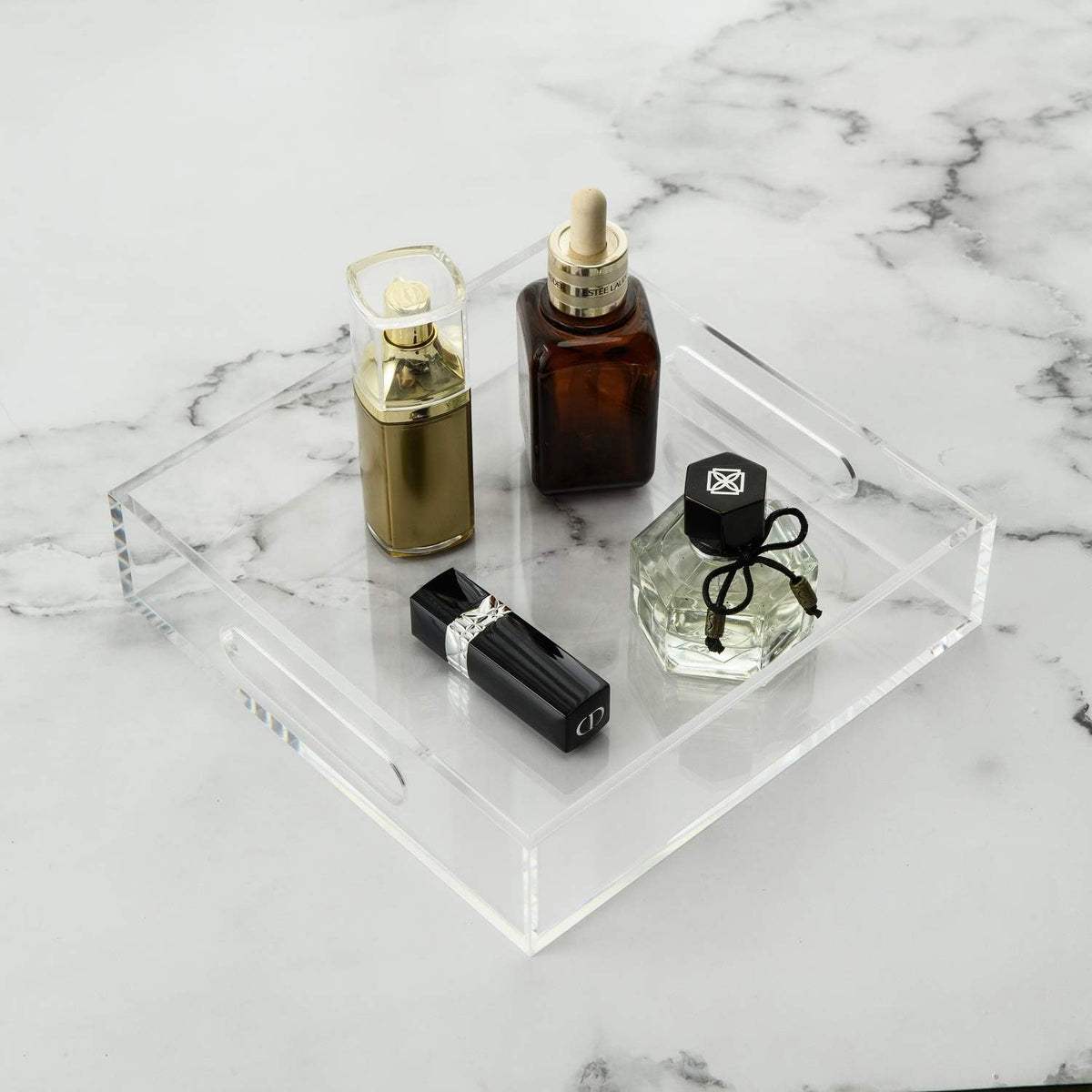 KEVLANG Glossy White Sturdy Acrylic Serving Tray with Handles-12x20 Inch-Serving Coffee Appetizer Breakfast-Kitchen Countertop Makeup Drawer Organizer-Vanity Table Ottoman Decorative Tray