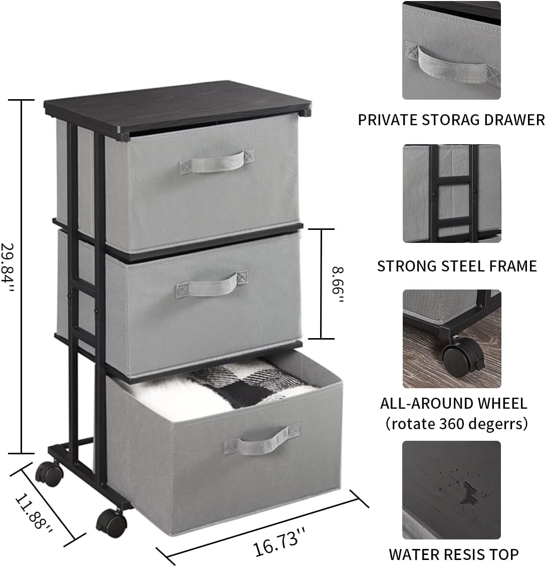 Dresser Storage with 3 Drawers, Fabric Dresser Tower, Vertical Storage Unit for Bedroom, Closet, Office, Black