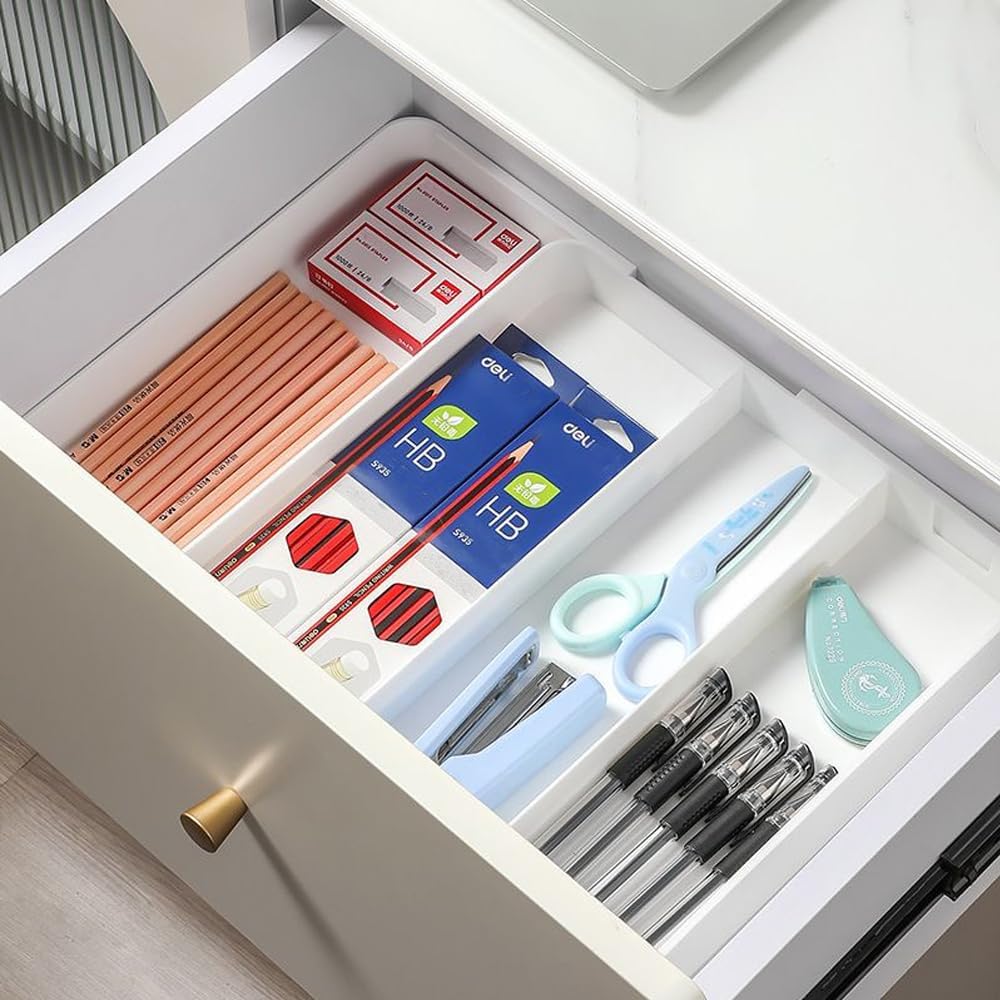 Shallow Drawer Organizer (1.57" H), Modular Expandable Desk Dividers (Width 10.6"-17.9" OR Length 16.1"), Detachable Trays for Office Stationery, Makeup, Kitchen, White