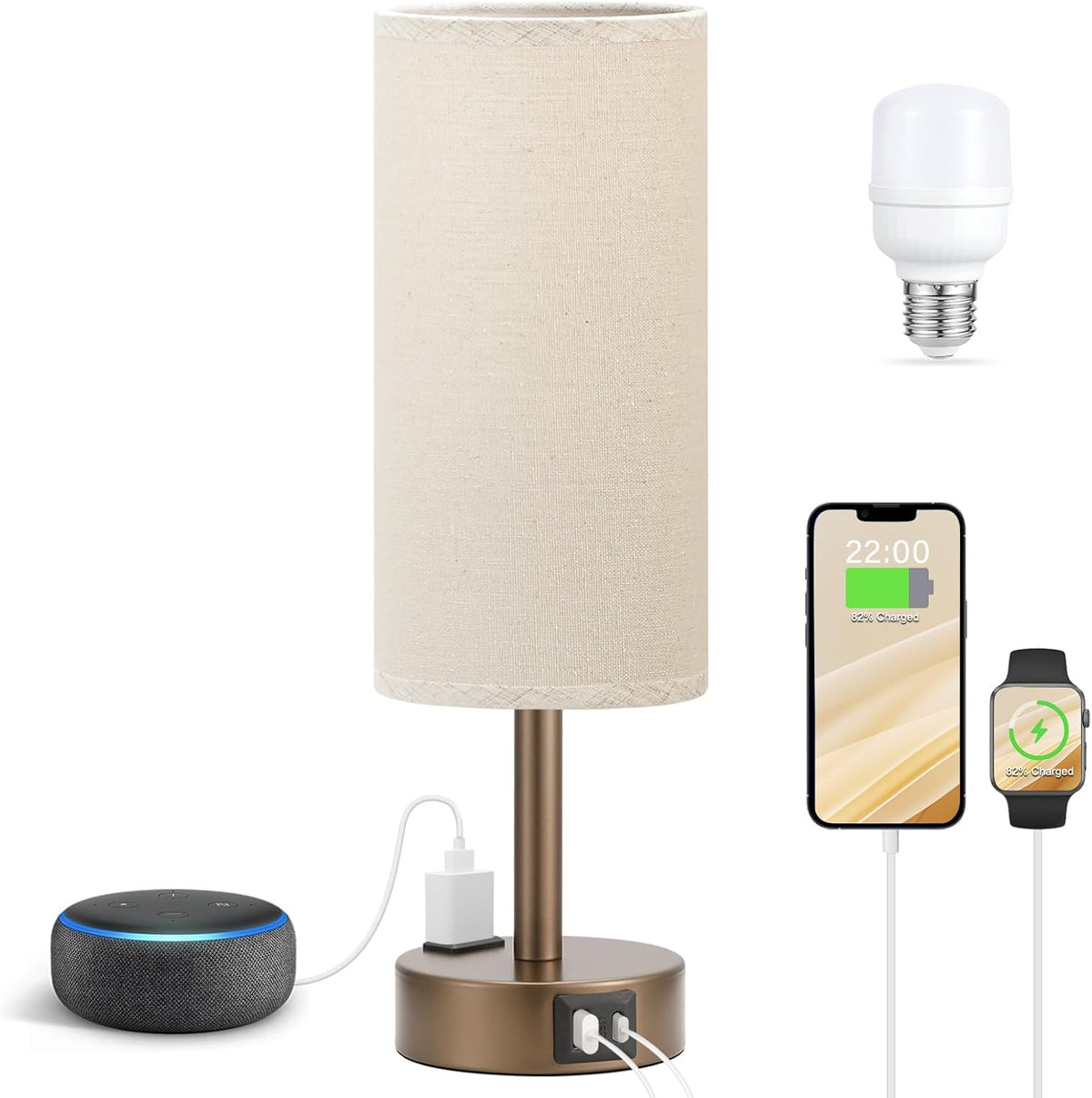 Fenmzee Bedside Table Lamp for Bedroom - Dimmable Touch, USB A+C, AC Outlet