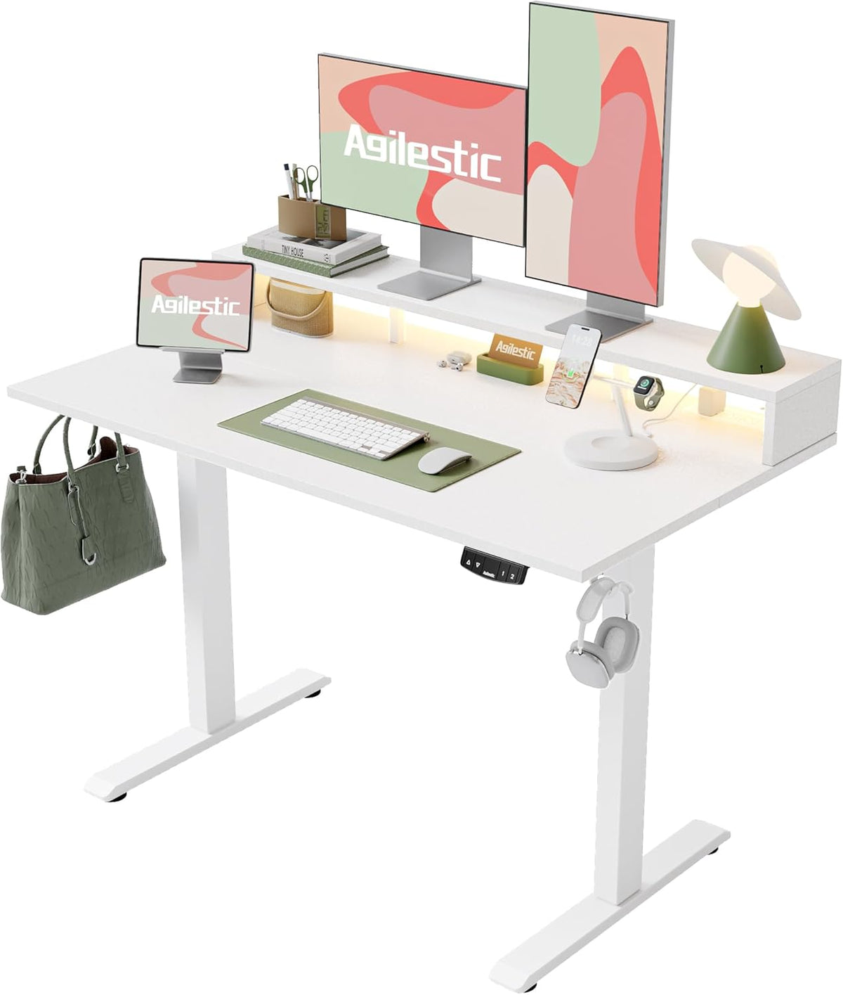 48 * 24 Inch Electric Standing Desk with Shelf & Led, Dark Walnut