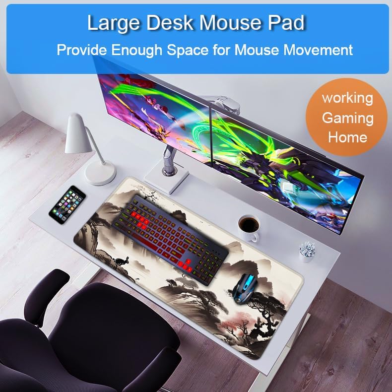 Large Gaming Mouse Pad, 31.5x15.7 inch Large Extended Computer Keyboard Mouse Mat, Water Resist Non-Slip Mousepad Rubber Base Long XXL Desk Mouse Pad for Work & Gaming, Office & Home, Black