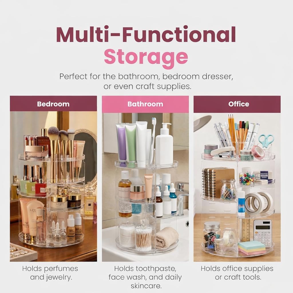 Masirs 360 Rotating Makeup Organizer Countertop - Adjustable Shelf Height - The Perfect Round Spinning Cosmetic Organizer for Bedroom Dresser or Vanity Countertop Storage (Clear)