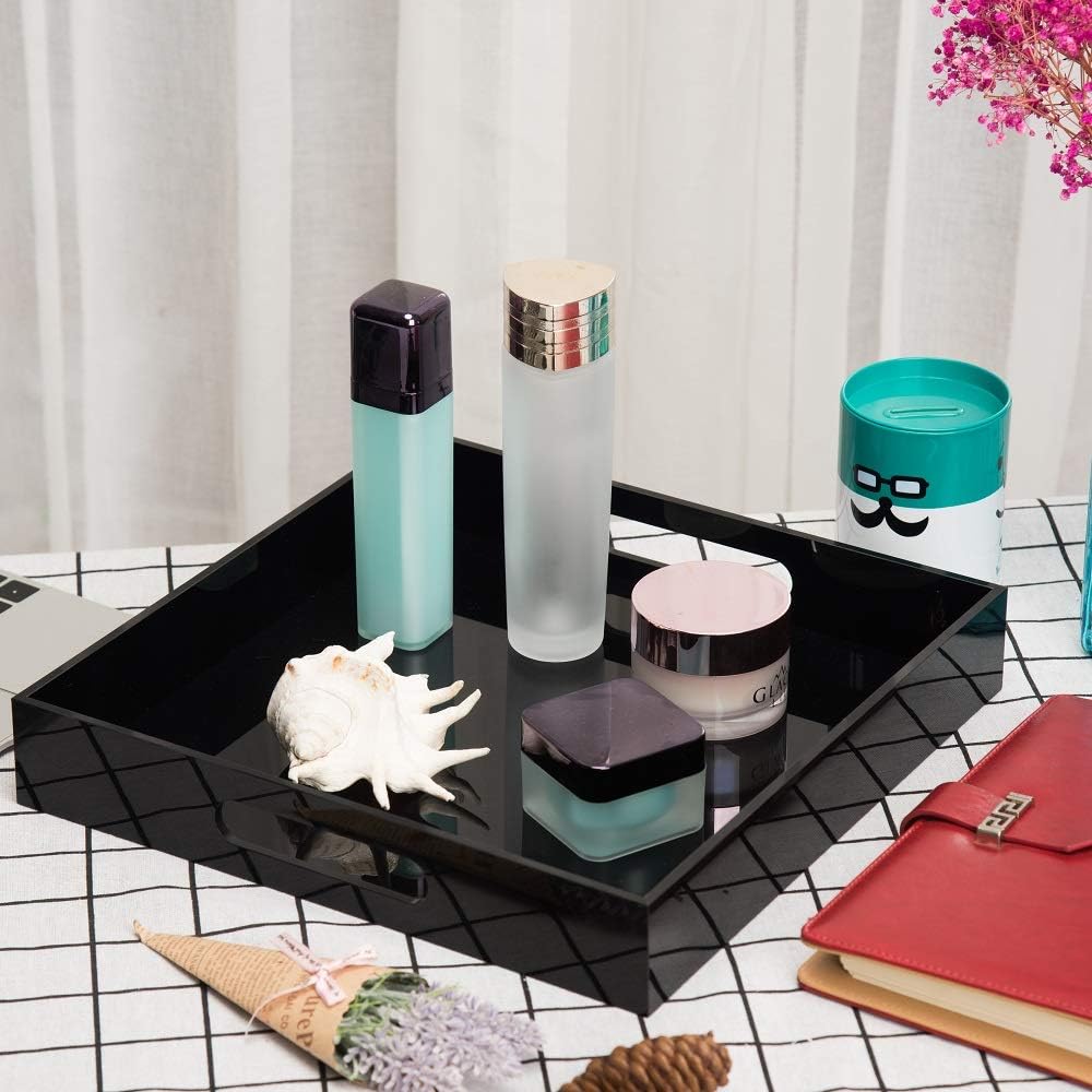 KEVLANG Glossy White Sturdy Acrylic Serving Tray with Handles-12x20 Inch-Serving Coffee Appetizer Breakfast-Kitchen Countertop Makeup Drawer Organizer-Vanity Table Ottoman Decorative Tray