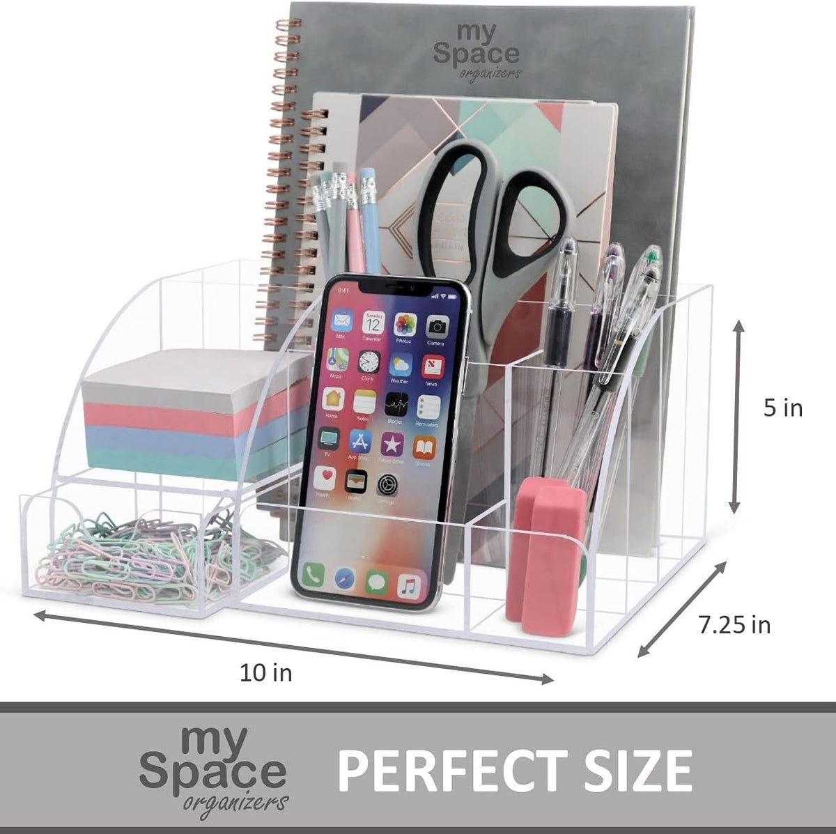 My Space Organizers Clear Acrylic Desk Oganizer, 9 Compartments, Office Supplies and Desk Accessories Organizer, Home Decor Desktop Organizer (Clear)