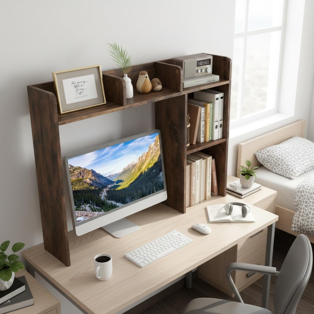 Desktop Bookshelf, Countertop Storage Hutch with 5 Shelves for Computer Desk, Desk 3-Tier Display Rack, Multipurpose Wood Desktop Hutch Storage Organizer for Dorm Office Home