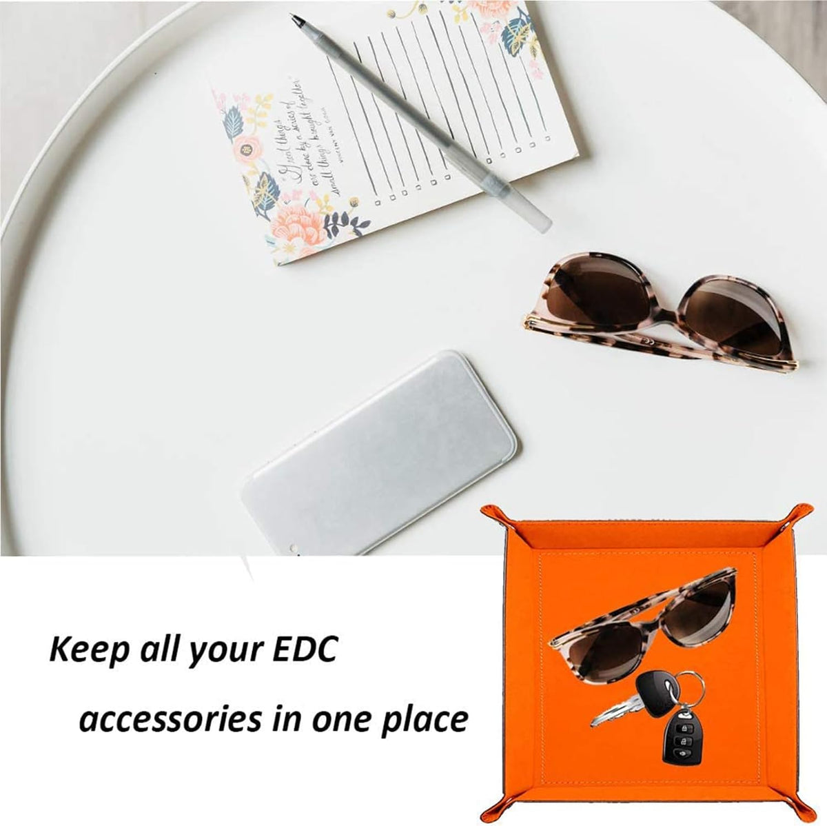 Valet Tray Desktop Storage Organizer – Vegan Leather Catchall Bedside Vanity Tray Nightstand Caddy Holder for Remote Controller, Watch, Keys, Phone, Wallet, Coin, Jewelry (Orange/Black)