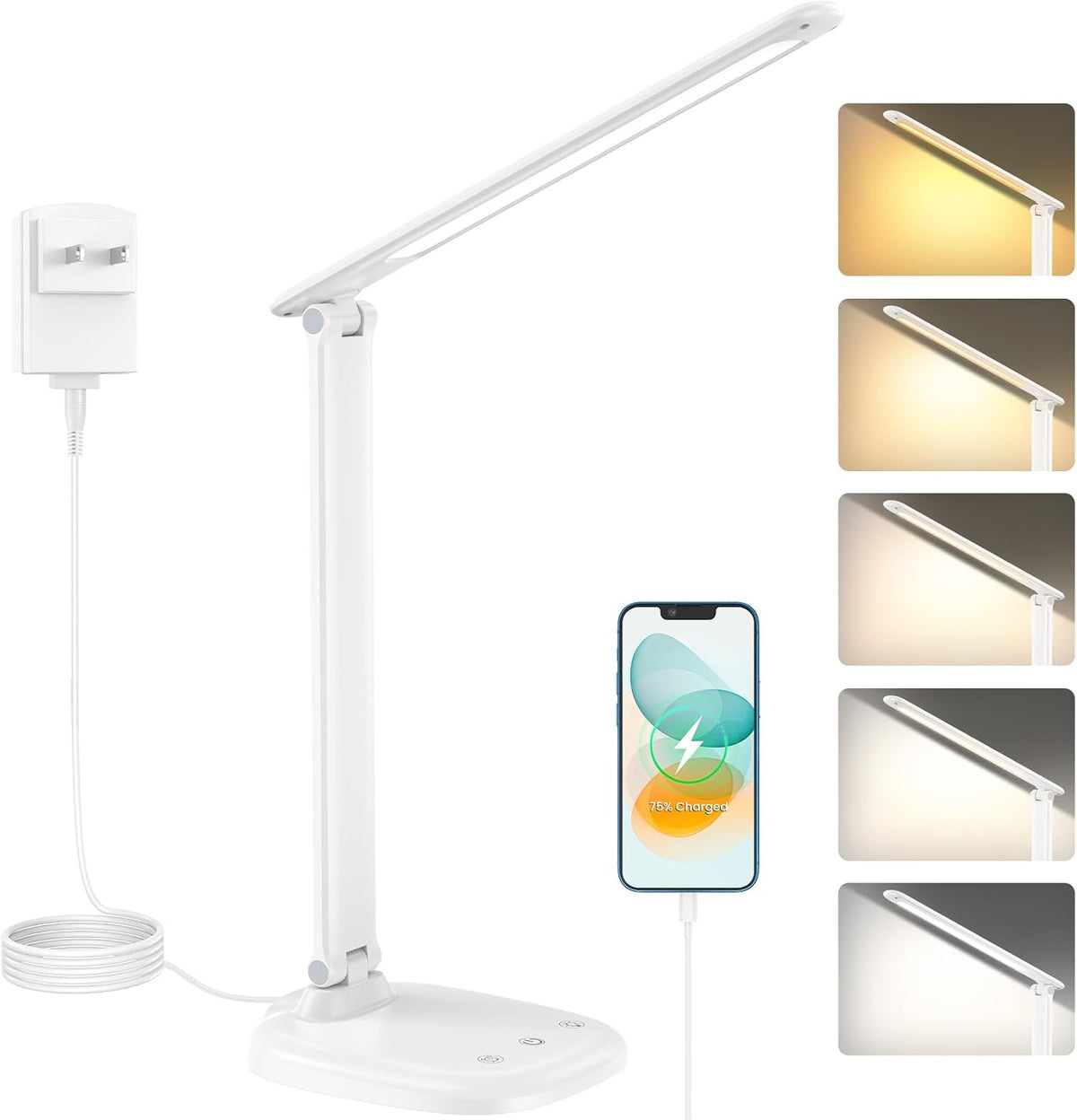 Desk Lamp with Charger, 10%-100% Stepless Dimmable & 5 Color Modes Study Lamp, Touch Control, 30-/60-minute Timer, USB Charging Output Port, CRI≥90, Eye-Caring Foldable LED Desk Lamps for Home Office