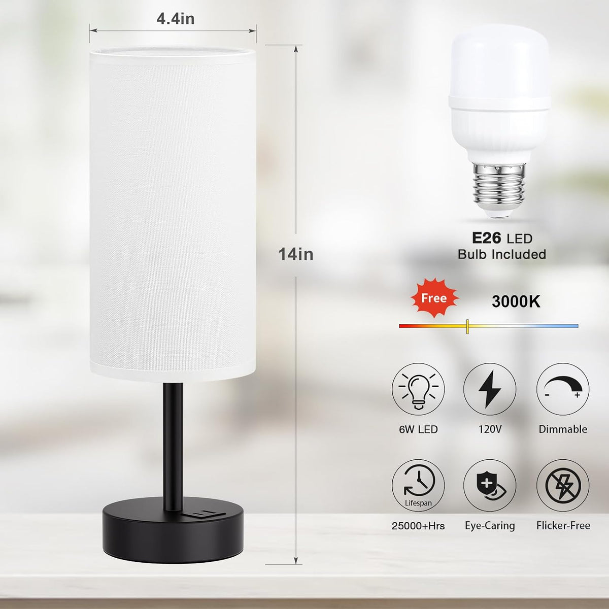 Dicoool Bedside Table Lamp for Bedroom - 3-Way Dimmable Touch Lamp, USB A+C