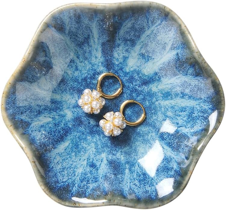 Ring Dish, Kiln Glaze Jewelry Trinket Tray, Gifts for Women I Lotus Leaf Necklace Earrings Holder on Nightstand Bathroom, Ceramic Cute Key Bowl, White. All Jewelries Are NOT Included.