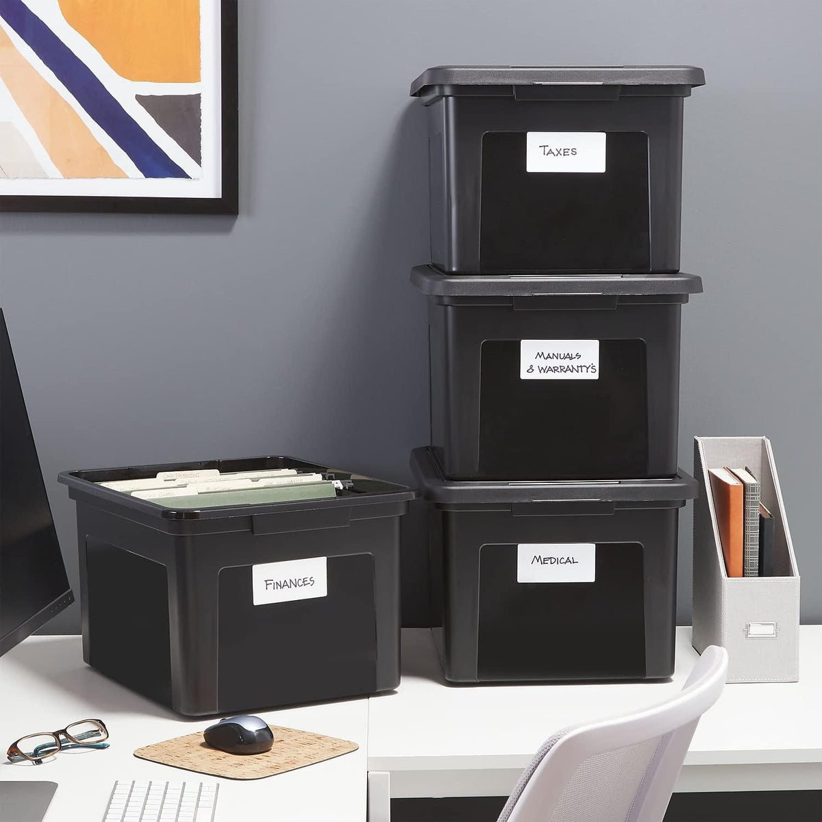 Hanging File Folder Box, Storage Bin Organizer, Snap Lid, Clear