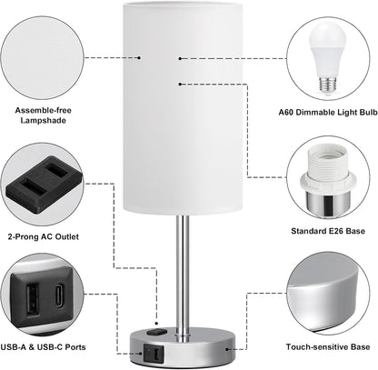 Fenmzee Bedside Table Lamp for Bedroom - Dimmable Touch, USB A+C, AC Outlet