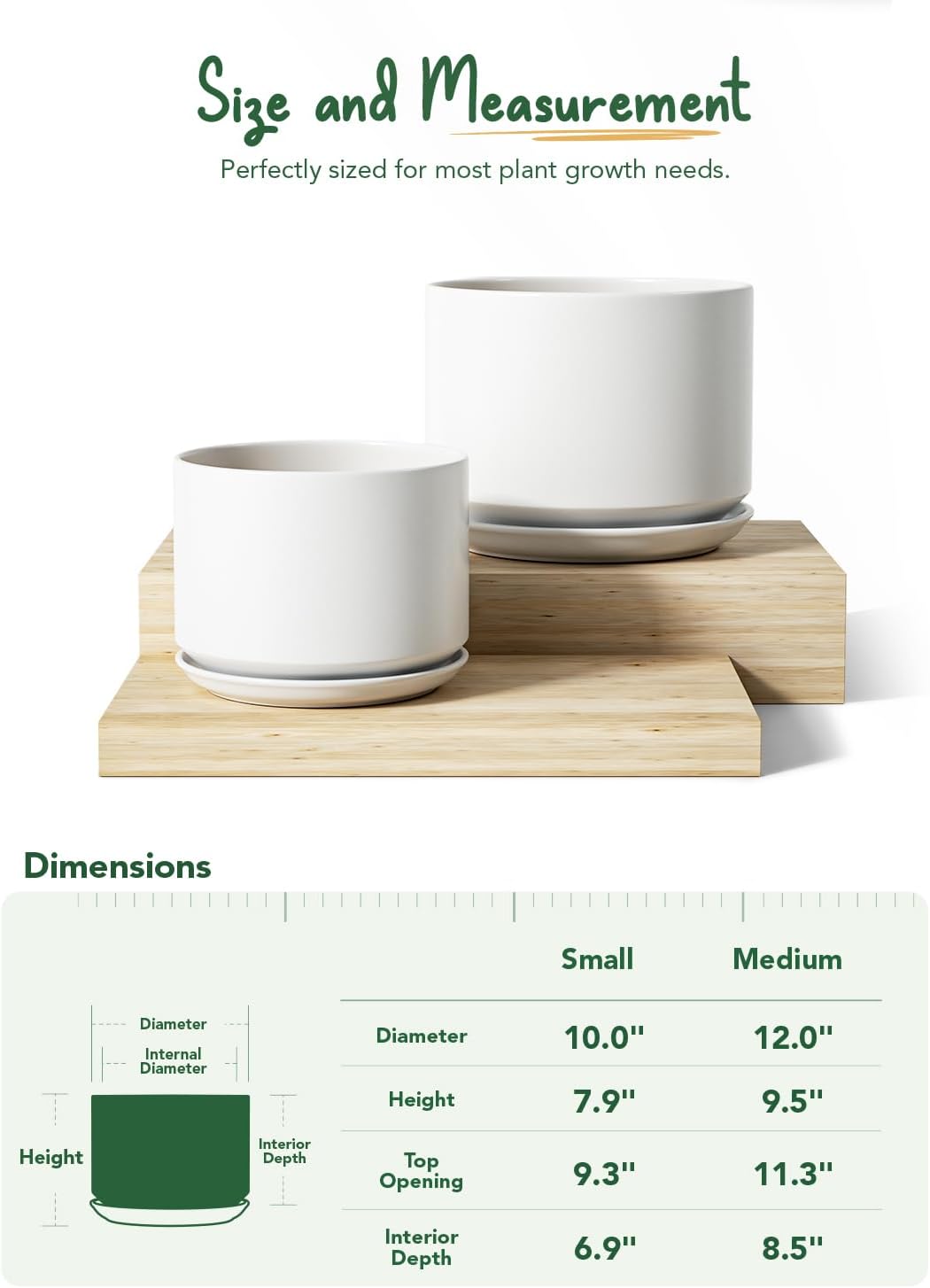 LE TAUCI Ceramic Pots for Plants, 6.8 Inch Plant Pots with Drainage Hole & Saucer, Modern Planter for Indoor Plants, Stable & Durable, Perfect for Living Room or Office Decor, White