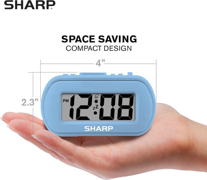 Sharp Digital Alarm Clock – Tactile Plastic Case with Soft Rubberized Finish - Battery Operated – Blue Backlight on Demand – Ascending Alarm – Easy to Use – Charcoal Black
