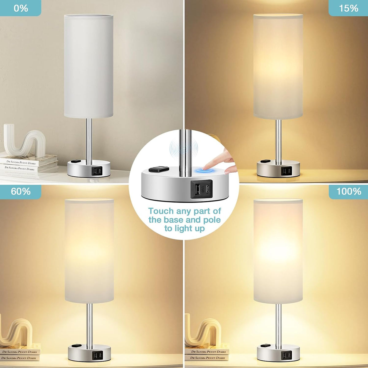 Fenmzee Bedside Table Lamp for Bedroom - Dimmable Touch, USB A+C, AC Outlet