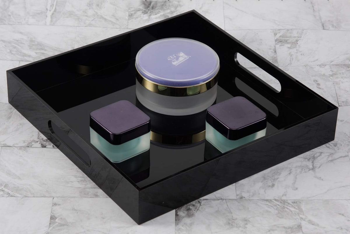 KEVLANG Glossy White Sturdy Acrylic Serving Tray with Handles-12x20 Inch-Serving Coffee Appetizer Breakfast-Kitchen Countertop Makeup Drawer Organizer-Vanity Table Ottoman Decorative Tray
