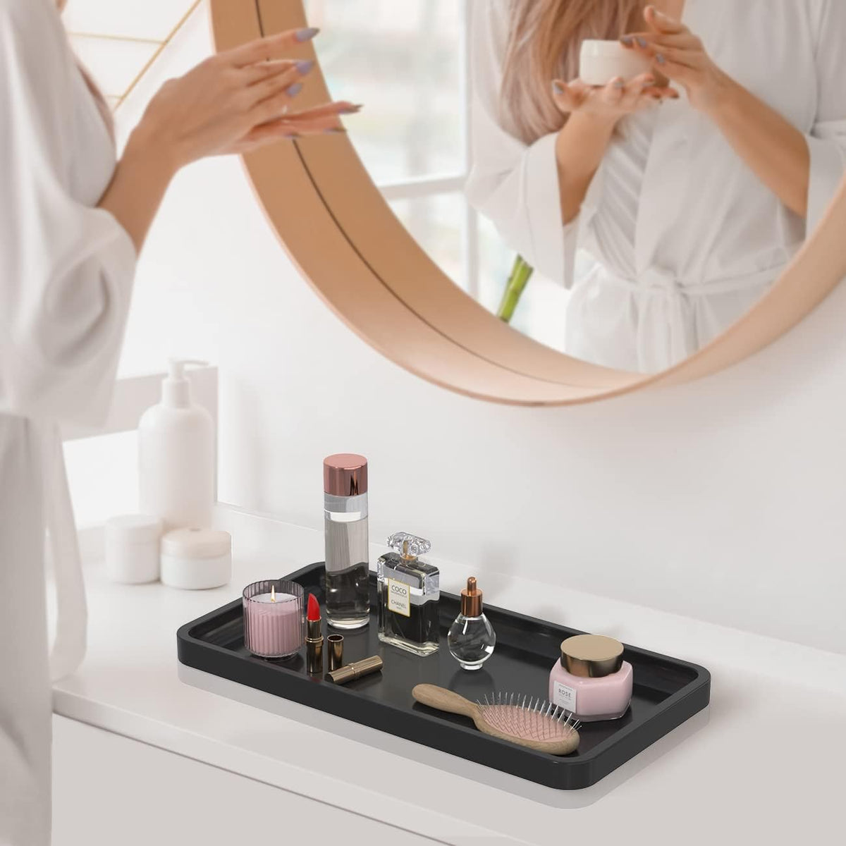 Small Bathroom Vanity Tray for Countertop Makeup Perfume Jewelry Decor Candle Keys, Small Black Kitchen Tray for Soap Dispenser Spice Bamboo Toilet Tray 7.9" L x 4" W x 0.79" H