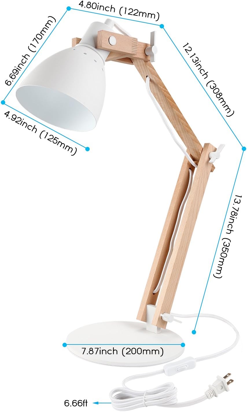 TORCHSTAR LED Swing Arm Desk Lamp, Wood Integrated Table Lamp, Heavy Base, 4-Level Dimmer, 5W, 2800K-3000K Warm White, Reading Lights for Office, Living Room, Bedroom, Bedside Nightstand Lamp, White