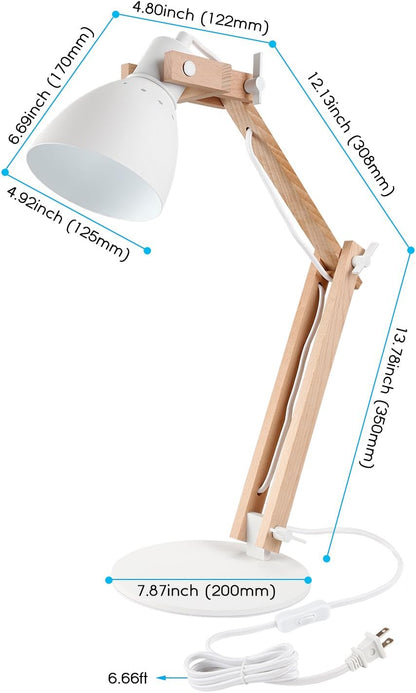 TORCHSTAR LED Swing Arm Desk Lamp, Wood Integrated Table Lamp, Heavy Base, 4-Level Dimmer, 5W, 2800K-3000K Warm White, Reading Lights for Office, Living Room, Bedroom, Bedside Nightstand Lamp, White