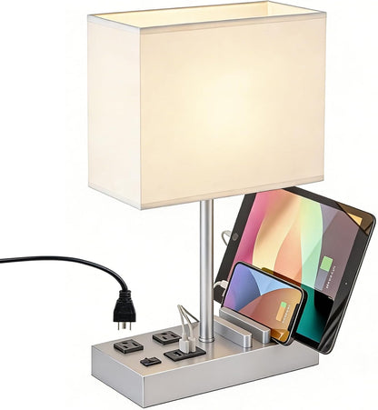 Dreamholder Desk Lamp with 3 USB Charging Ports, Table Lamp with 2AC Outlets and 3 Phone Stands, Nightstand Bedside Lamp with Natural Wooden Base and Cream Linen Shade