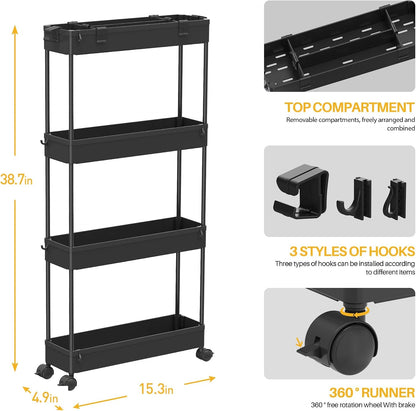 SPACELEAD Slim Storage Cart 4 Tier,Bathroom Organizer Rolling Utility, Mobile Shelving Unit Slide Out for Office, Kitchen, Laundry Room & Narrow Places,White