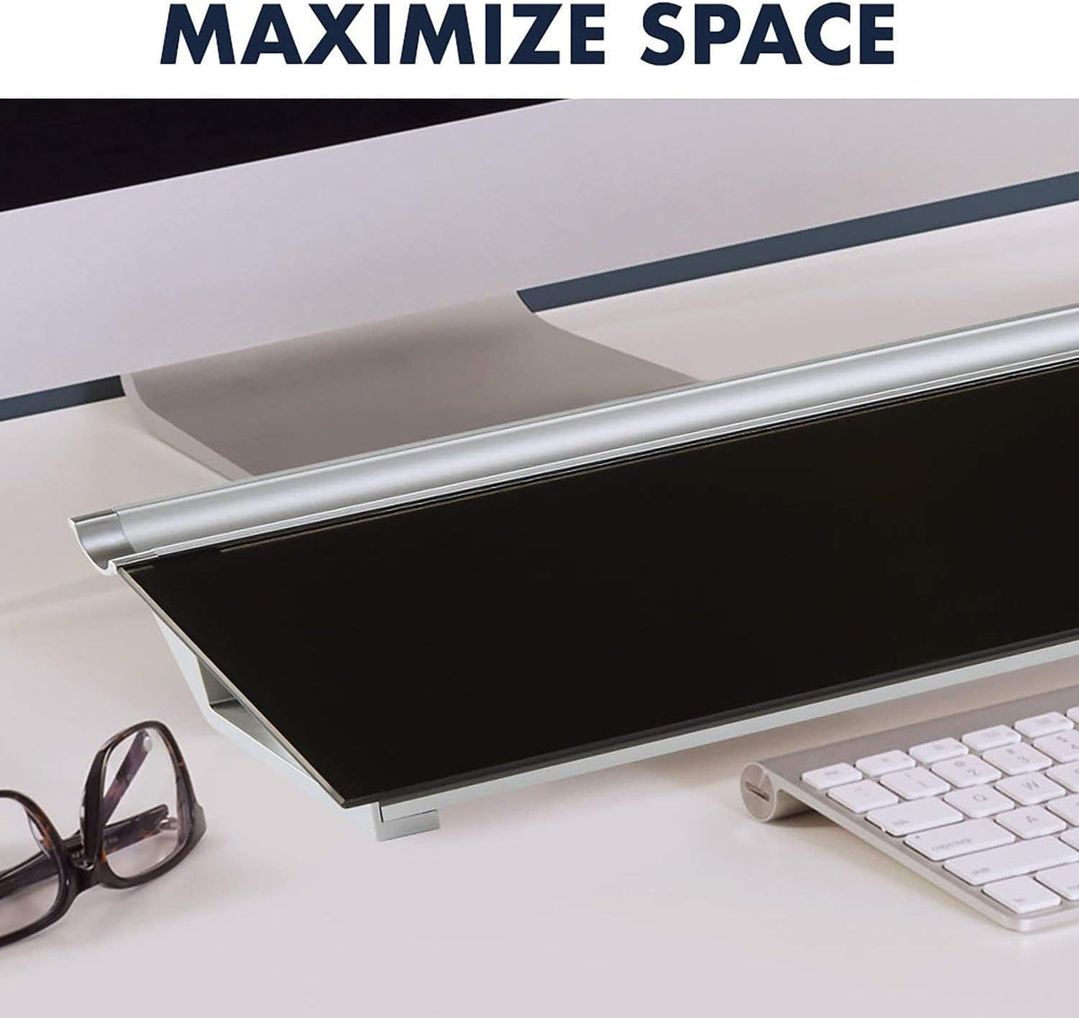 Quartet Glass Dry Erase White Board, Desktop Computer Pad for Notetaking, 18" x 6" Whiteboard, Clean Erase Surface with Storage, 1 Dry Erase Marker, White Surface (GDP186)