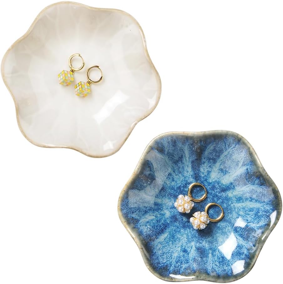 Ring Dish, Kiln Glaze Jewelry Trinket Tray, Gifts for Women I Lotus Leaf Necklace Earrings Holder on Nightstand Bathroom, Ceramic Cute Key Bowl, White. All Jewelries Are NOT Included.