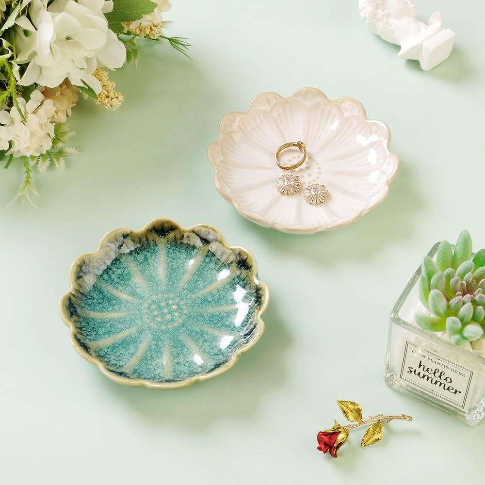 Ring Dish, Kiln Glaze Jewelry Trinket Tray, Gifts for Women I Lotus Leaf Necklace Earrings Holder on Nightstand Bathroom, Ceramic Cute Key Bowl, White. All Jewelries Are NOT Included.