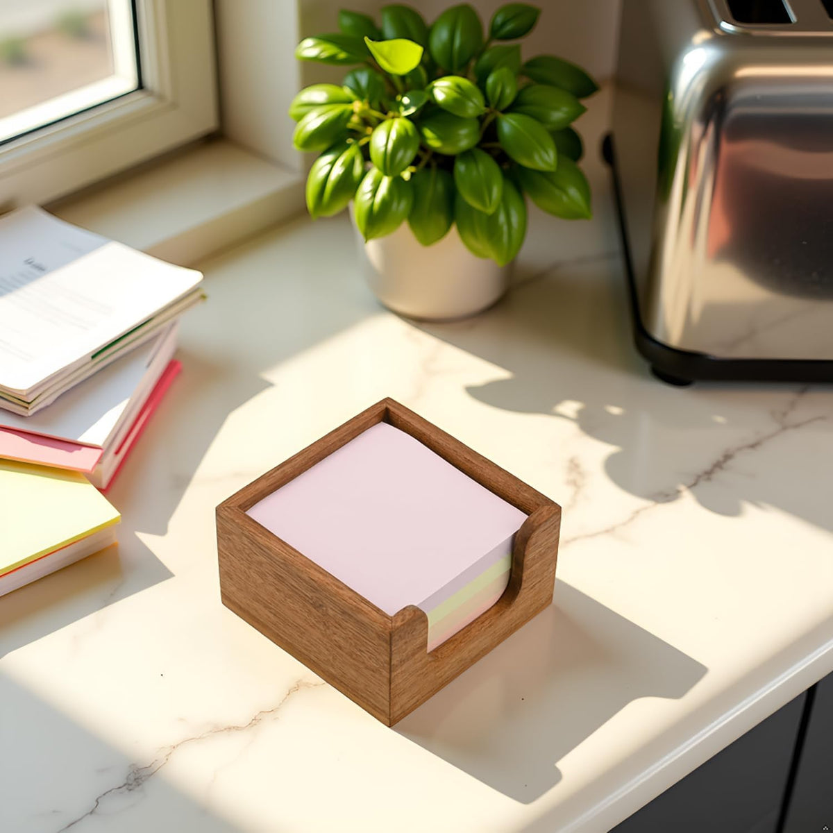Acacia Wood Sticky Note Holder with 3 Pen Holders, 3x3 Post It Note Dispenser with Anti-Slip Pads, All-in-One Wooden Desk Organizer for Office Home School (4.0“x3.5"x2")