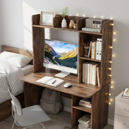 Desktop Bookshelf, Countertop Storage Hutch with 5 Shelves for Computer Desk, Desk 3-Tier Display Rack, Multipurpose Wood Desktop Hutch Storage Organizer for Dorm Office Home
