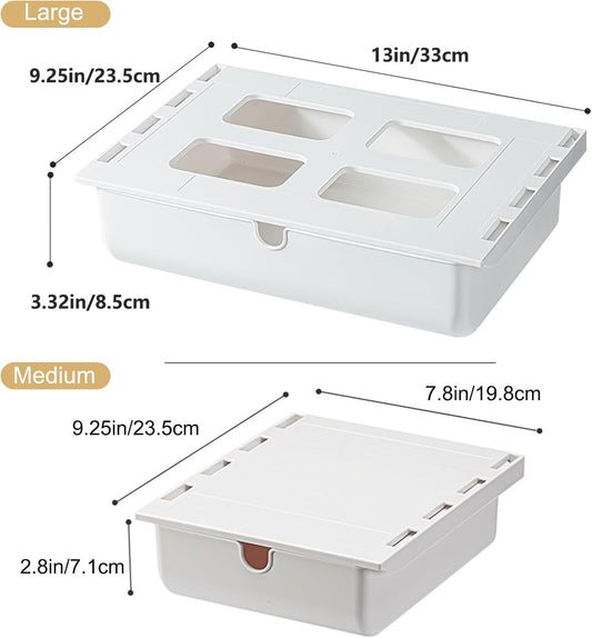 2 Pack Under Desk Drawer, Large & Medium Self-Adhesive Under Desk Organizer, Hidden Under Desk Storage Box Cosmetics Case Stick On Under Table Tray Holder for Cutlery, Office Supplies, Stationery