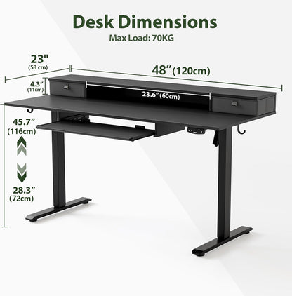 48 * 24 Inch Electric Standing Desk with Shelf & Led, Dark Walnut