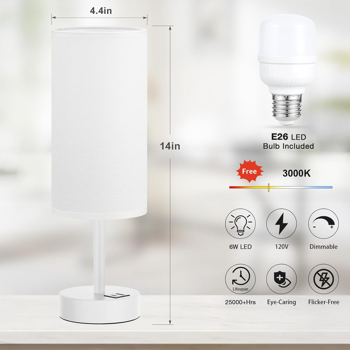 Dicoool Bedside Table Lamp for Bedroom - 3-Way Dimmable Touch Lamp, USB A+C