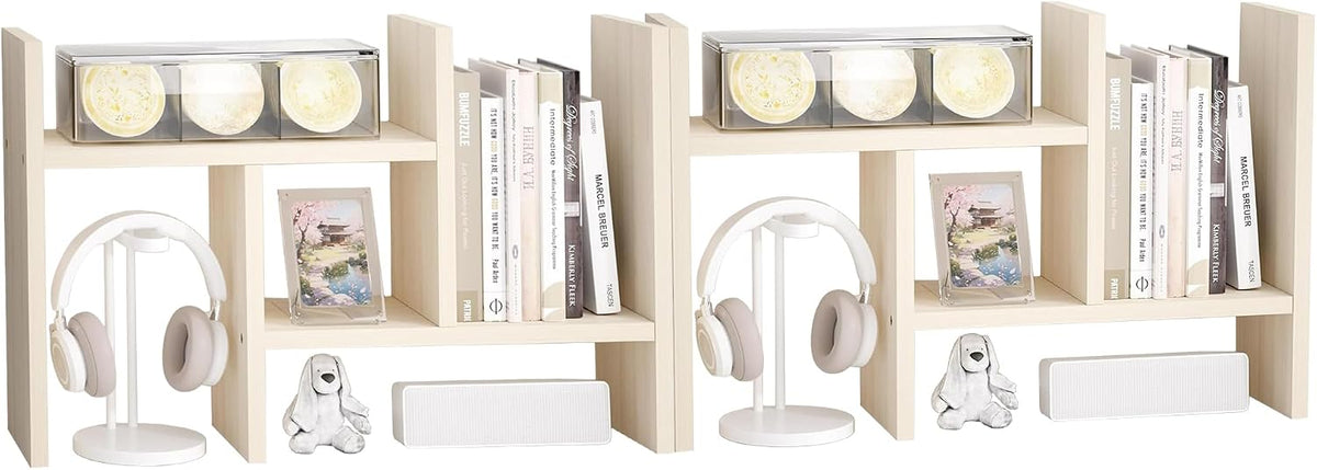 Jerry & Maggie Desktop Organizer Office Storage Rack Adjustable Wood Display Shelf Free Style Double H, Multi-Functional Mini Bookshelf for Desk Natural Stand (White)