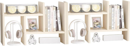 Jerry & Maggie Desktop Organizer Office Storage Rack Adjustable Wood Display Shelf Free Style Double H, Multi-Functional Mini Bookshelf for Desk Natural Stand (White)