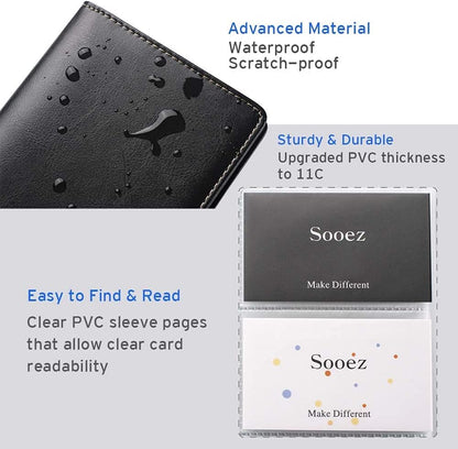 Sooez Leather Professional Business Card Book Holder Organizer, 240 Capacity Credit Card Booklet, PU Name Cards Holder Storage File for Men Women, 7.7"x 4.5" x 0.7", Black